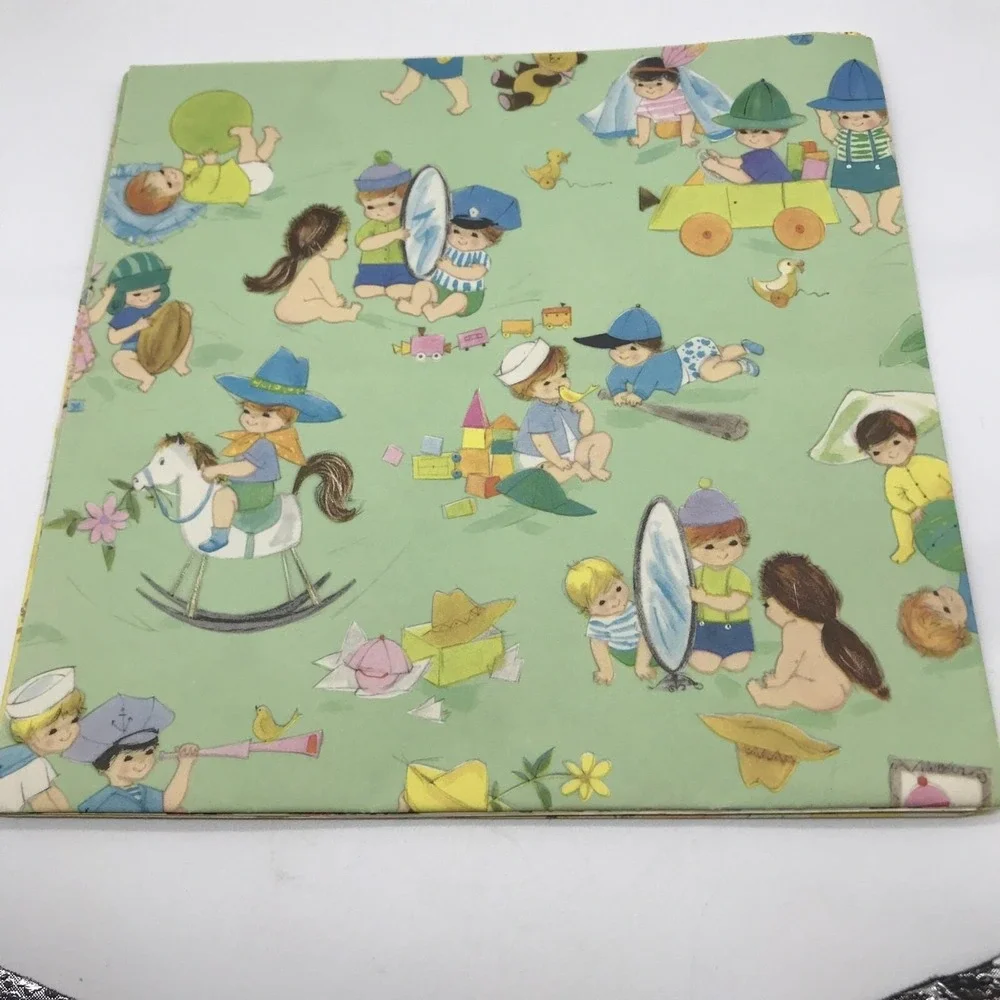 Vintage 1960-70s Baby Shower Kids Wrapping Paper Scraps Decoupage Craft Paper